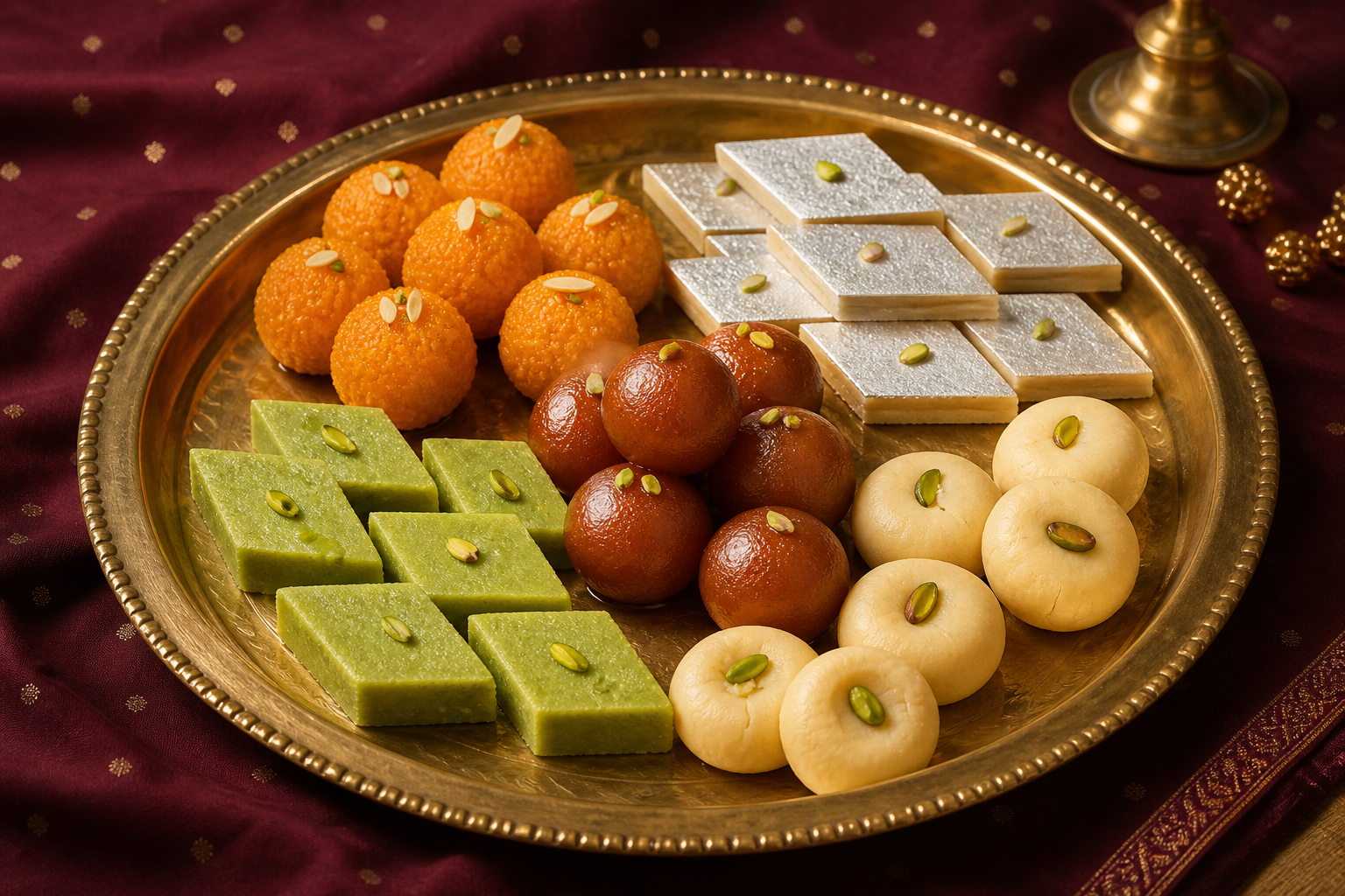 Assorted Indian mithai including laddoo, kaju katli, gulab jamun, peda and pista barfi
